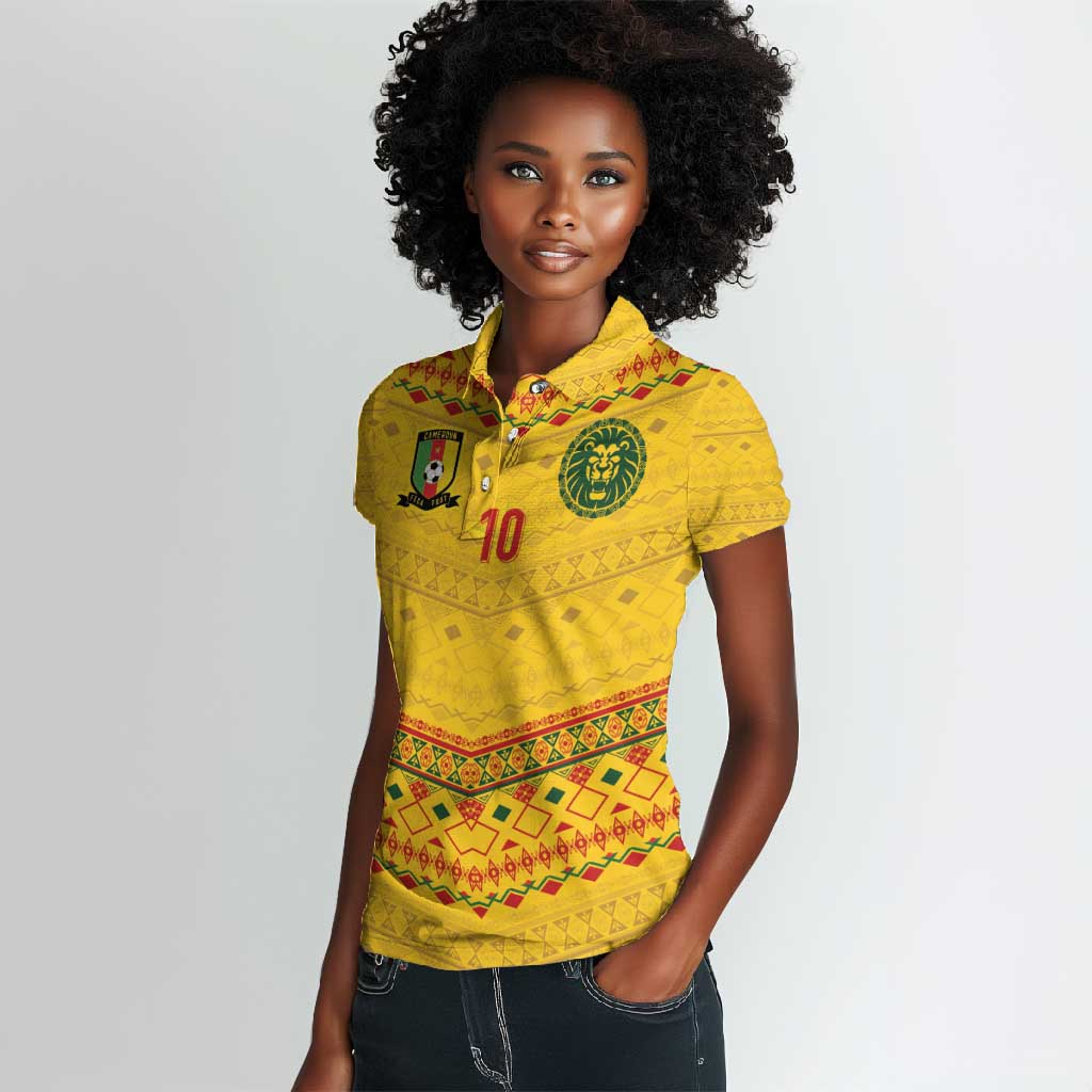 Custom Cameroon Football Women Polo Shirt Tribal Motifs Yellow Color - African Pride