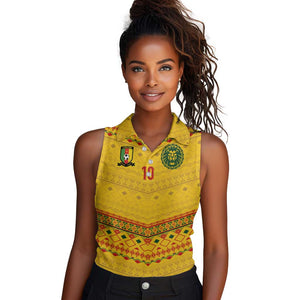 Custom Cameroon Football Women Sleeveless Polo Shirt Tribal Motifs Yellow Color - African Pride
