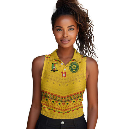Custom Cameroon Football Women Sleeveless Polo Shirt Tribal Motifs Yellow Color - African Pride