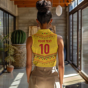 Custom Cameroon Football Women Sleeveless Polo Shirt Tribal Motifs Yellow Color - African Pride