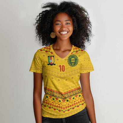 Custom Cameroon Football Women V-Neck T-Shirt Tribal Motifs Yellow Color - African Pride