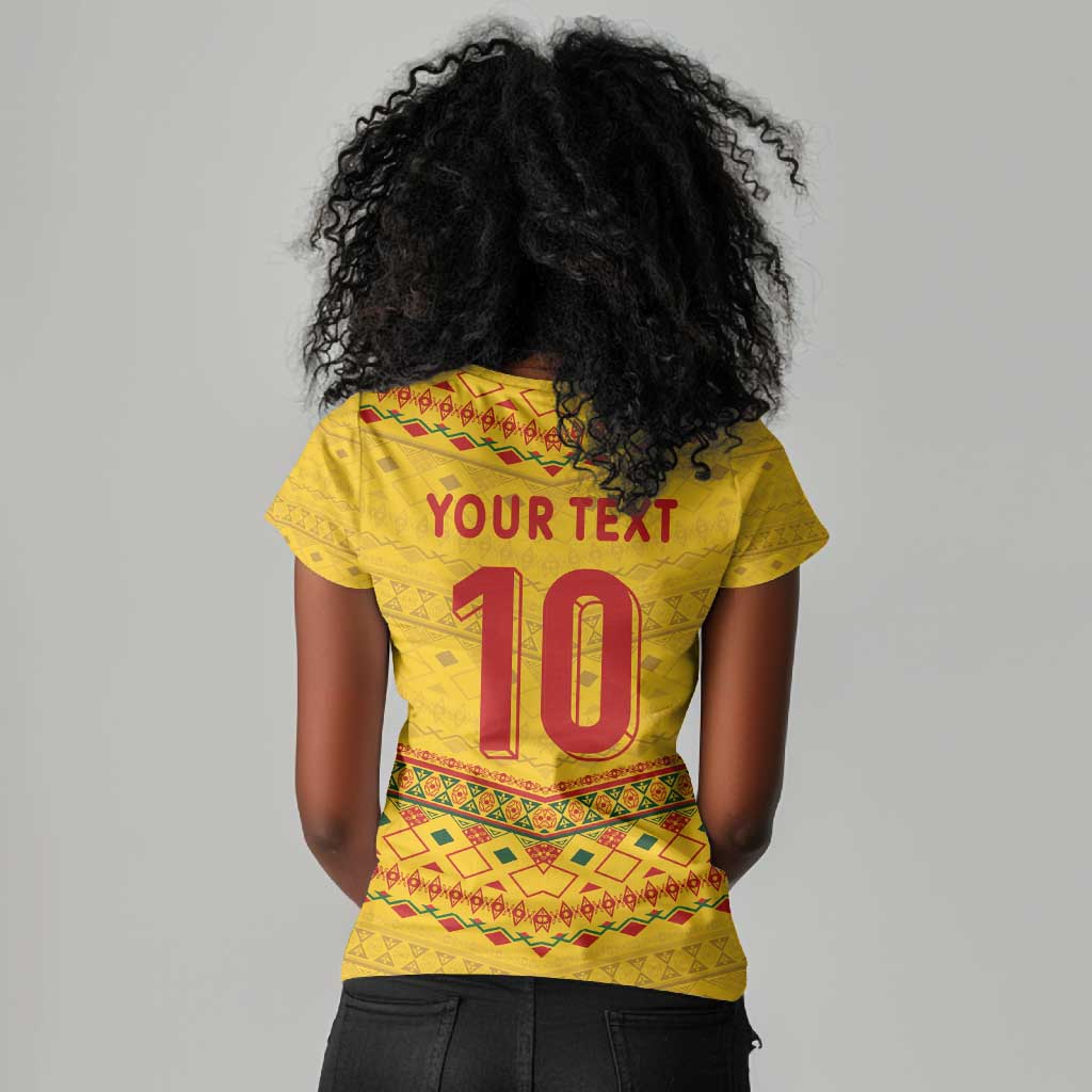 Custom Cameroon Football Women V-Neck T-Shirt Tribal Motifs Yellow Color - African Pride