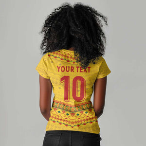 Custom Cameroon Football Women V-Neck T-Shirt Tribal Motifs Yellow Color - African Pride