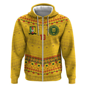 Custom Cameroon Football Zip Hoodie Tribal Motifs Yellow Color - African Pride