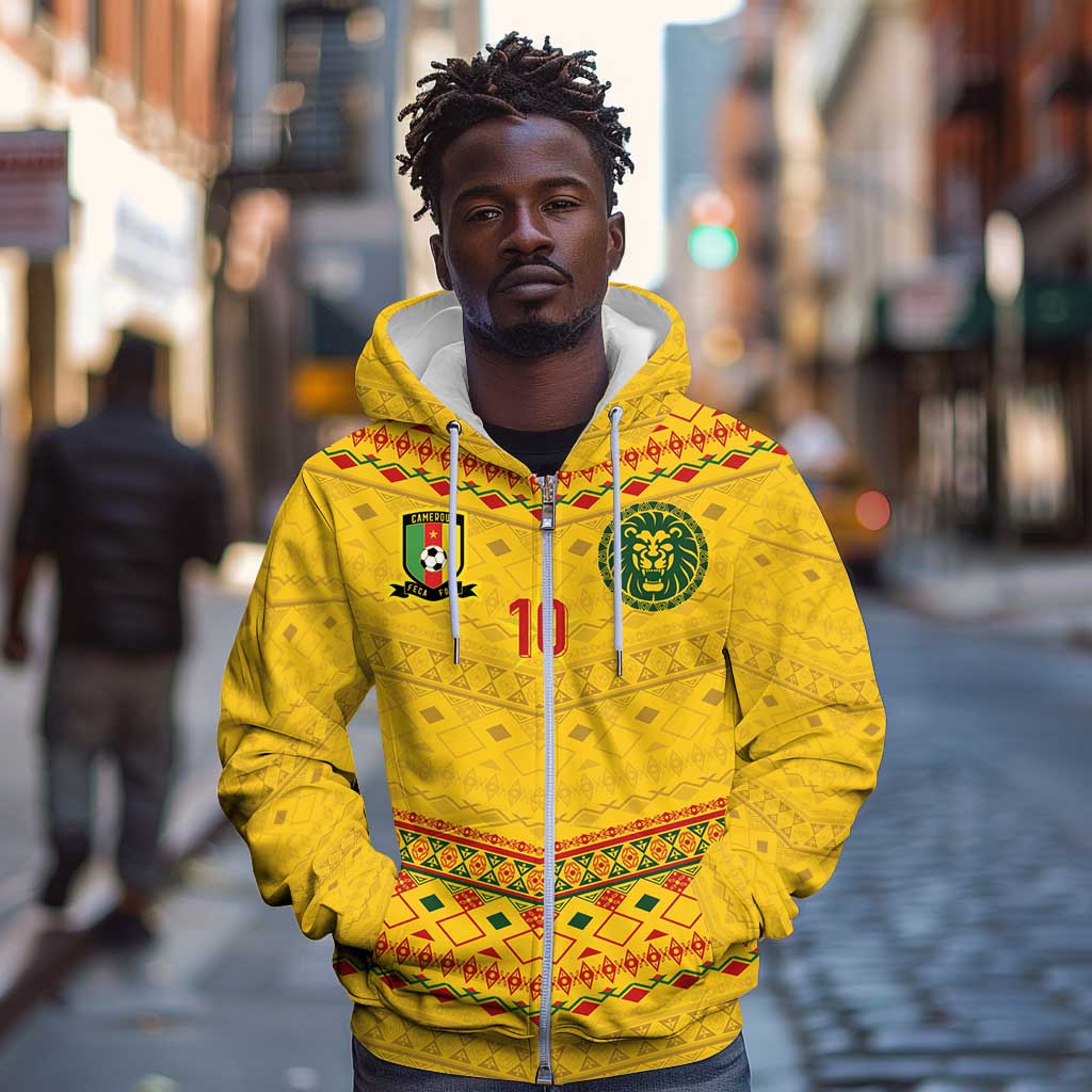 Custom Cameroon Football Zip Hoodie Tribal Motifs Yellow Color - African Pride