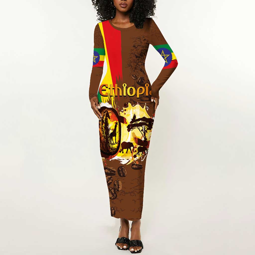 Ethiopia's Pride - Coffee Culture Long Sleeve Bodycon Dress LT03