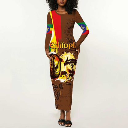 Ethiopia's Pride - Coffee Culture Long Sleeve Bodycon Dress LT03