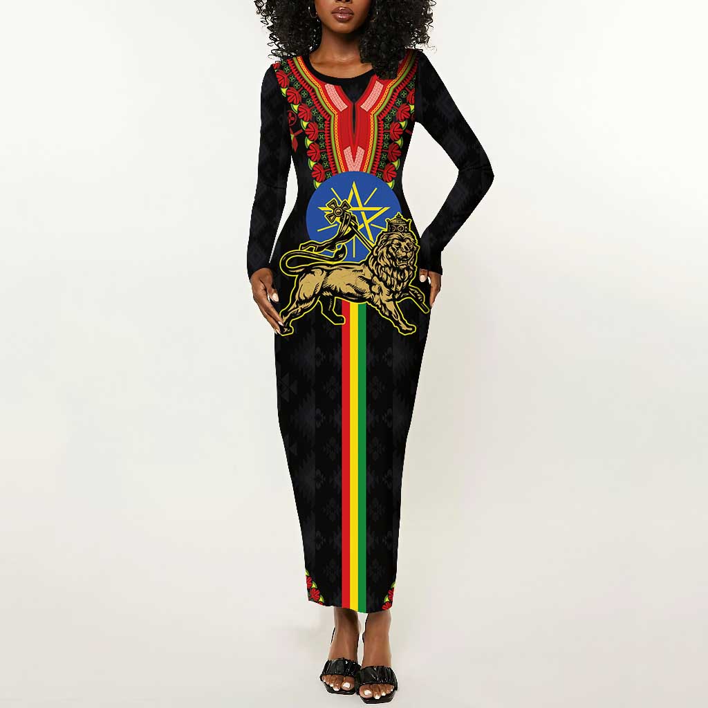 Ethiopia Lion of Judah and The Star Seal Long Sleeve Bodycon Dress Dashiki Style LT03