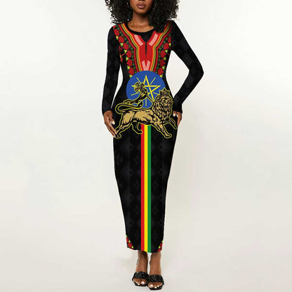 Ethiopia Lion of Judah and The Star Seal Long Sleeve Bodycon Dress Dashiki Style LT03