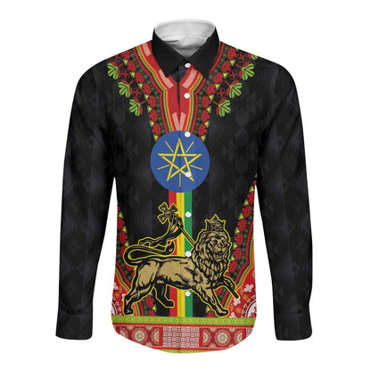 Ethiopia Lion of Judah and The Star Seal Long Sleeve Button Shirt Dashiki Style