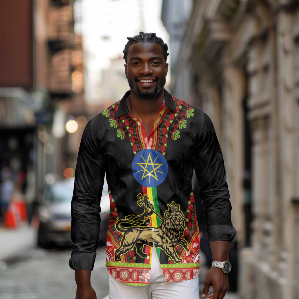 Ethiopia Lion of Judah and The Star Seal Long Sleeve Button Shirt Dashiki Style