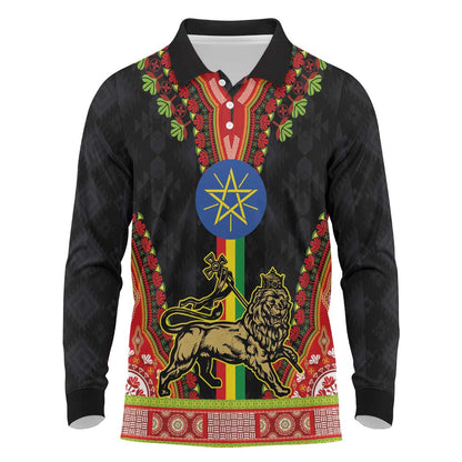 Ethiopia Lion of Judah and The Star Seal Long Sleeve Polo Shirt Dashiki Style