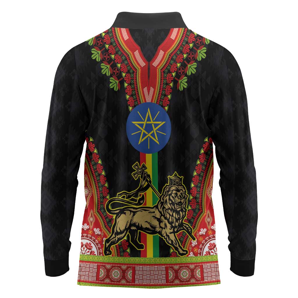 Ethiopia Lion of Judah and The Star Seal Long Sleeve Polo Shirt Dashiki Style