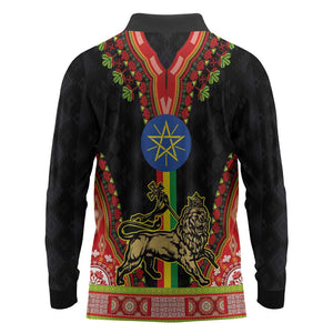 Ethiopia Lion of Judah and The Star Seal Long Sleeve Polo Shirt Dashiki Style