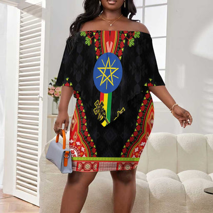Ethiopia Lion of Judah and The Star Seal Off Shoulder Short Dress Dashiki Style