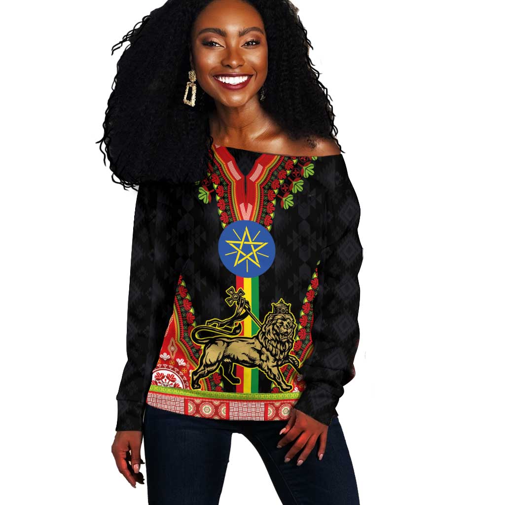 Ethiopia Lion of Judah and The Star Seal Off Shoulder Sweater Dashiki Style