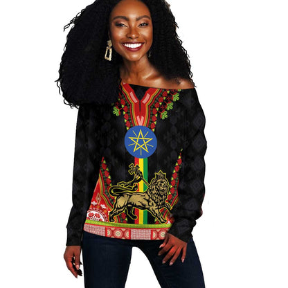 Ethiopia Lion of Judah and The Star Seal Off Shoulder Sweater Dashiki Style