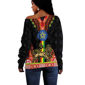 Ethiopia Lion of Judah and The Star Seal Off Shoulder Sweater Dashiki Style
