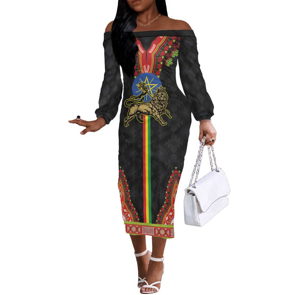Ethiopia Lion of Judah and The Star Seal Off The Shoulder Long Sleeve Dress Dashiki Style