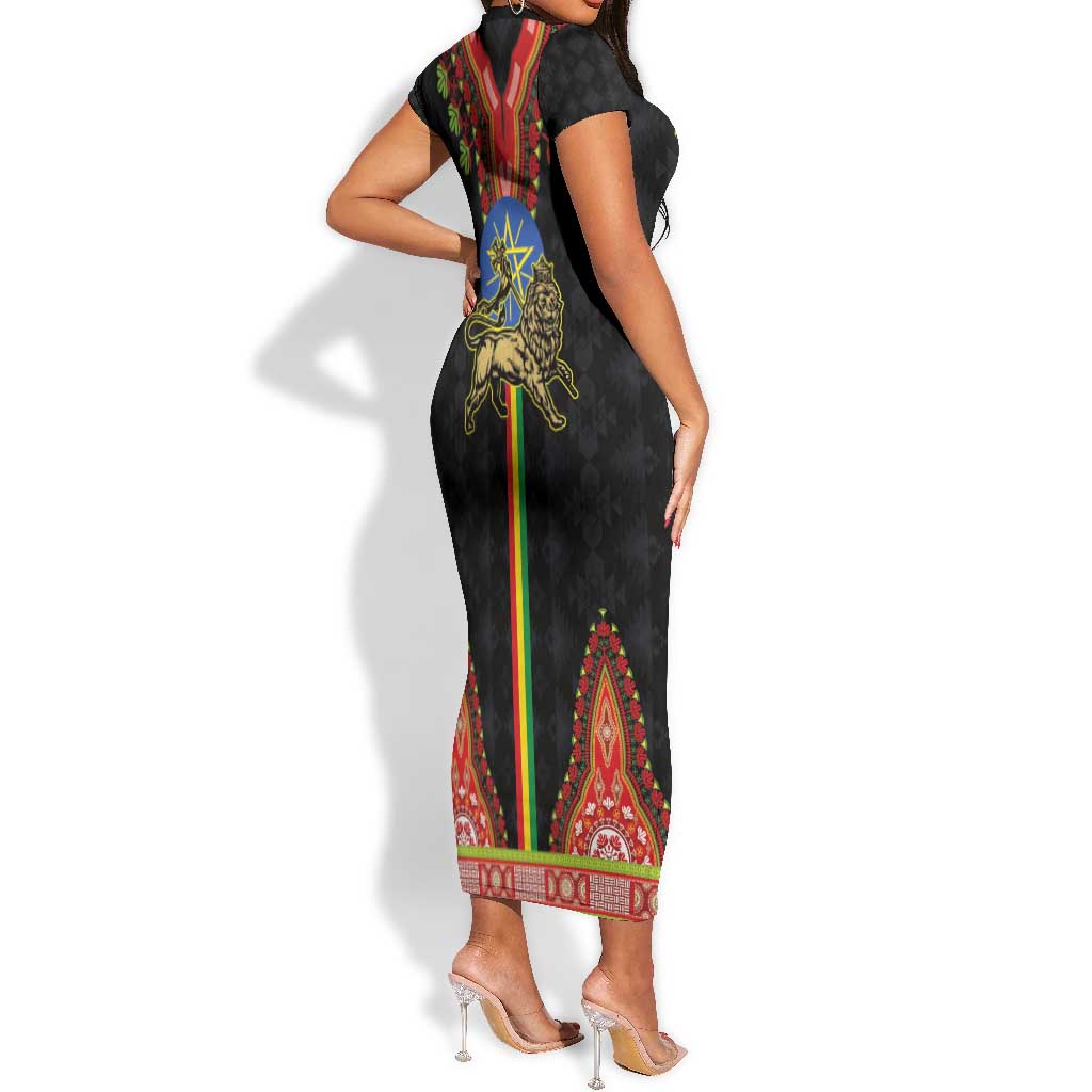 Ethiopia Lion of Judah and The Star Seal Short Sleeve Bodycon Dress Dashiki Style LT03