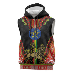 Ethiopia Lion of Judah and The Star Seal Sleeveless Zip Hoodie Dashiki Style - African Pride
