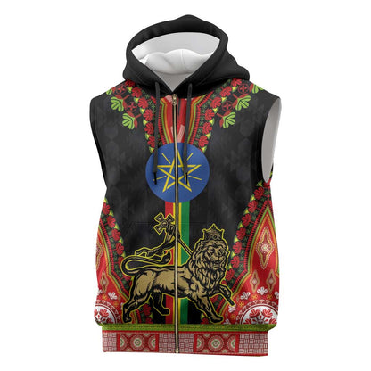 Ethiopia Lion of Judah and The Star Seal Sleeveless Zip Hoodie Dashiki Style - African Pride
