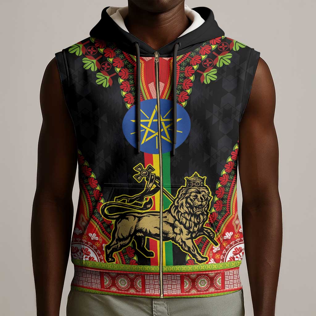 Ethiopia Lion of Judah and The Star Seal Sleeveless Zip Hoodie Dashiki Style - African Pride