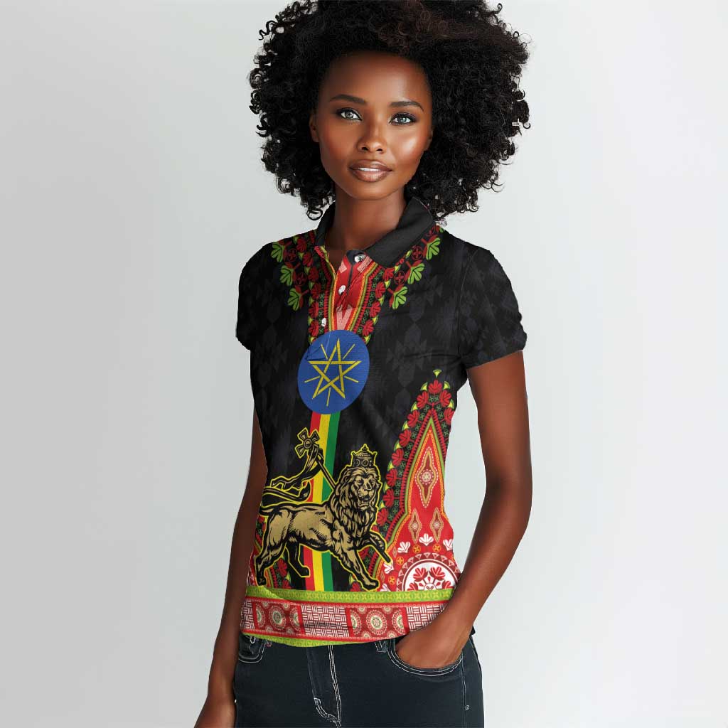 Ethiopia Lion of Judah and The Star Seal Women Polo Shirt Dashiki Style