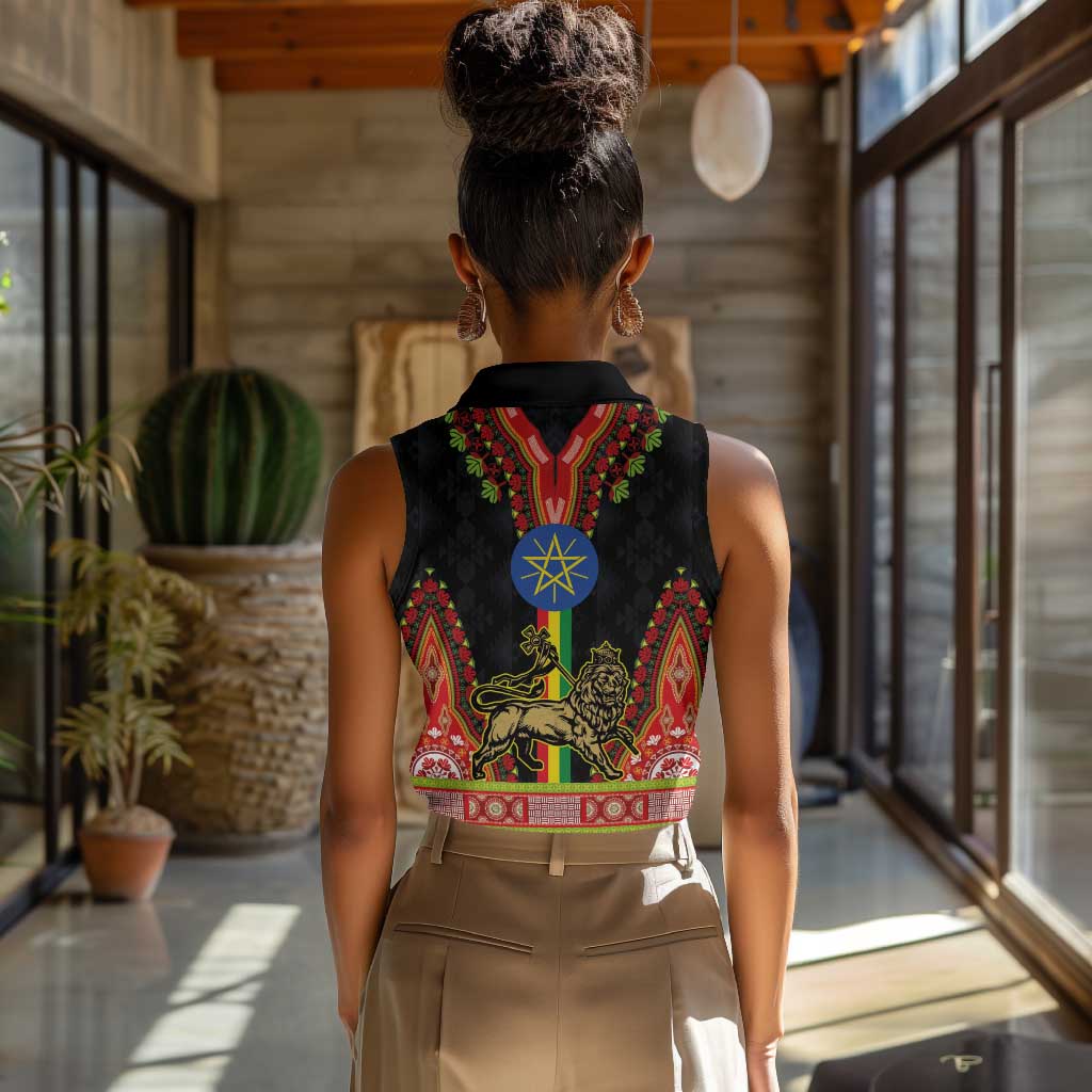 Ethiopia Lion of Judah and The Star Seal Women Sleeveless Polo Shirt Dashiki Style