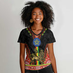 Ethiopia Lion of Judah and The Star Seal Women V-Neck T-Shirt Dashiki Style