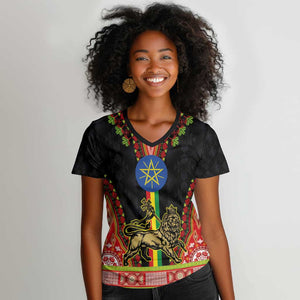 Ethiopia Lion of Judah and The Star Seal Women V-Neck T-Shirt Dashiki Style