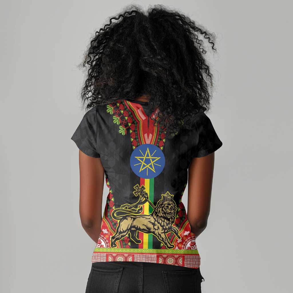 Ethiopia Lion of Judah and The Star Seal Women V-Neck T-Shirt Dashiki Style