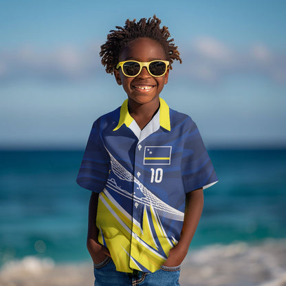 Curacao National Football Custom Kid Hawaiian Shirt Abstract Sharp Wave Pattern Sporty Style with Map