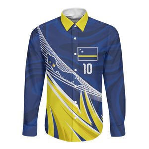 Curacao National Football Custom Long Sleeve Button Shirt Abstract Sharp Wave Pattern Sporty Style with Map
