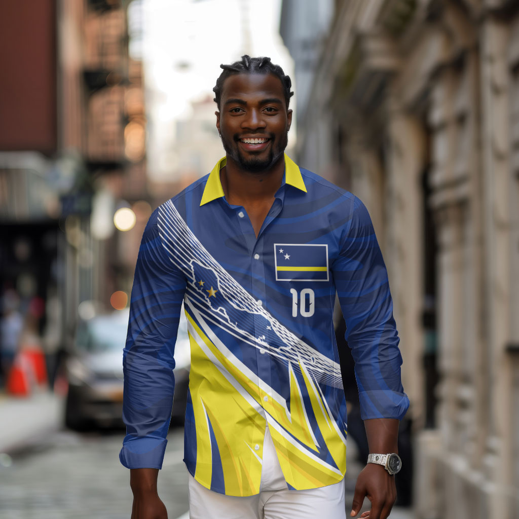 Curacao National Football Custom Long Sleeve Button Shirt Abstract Sharp Wave Pattern Sporty Style with Map
