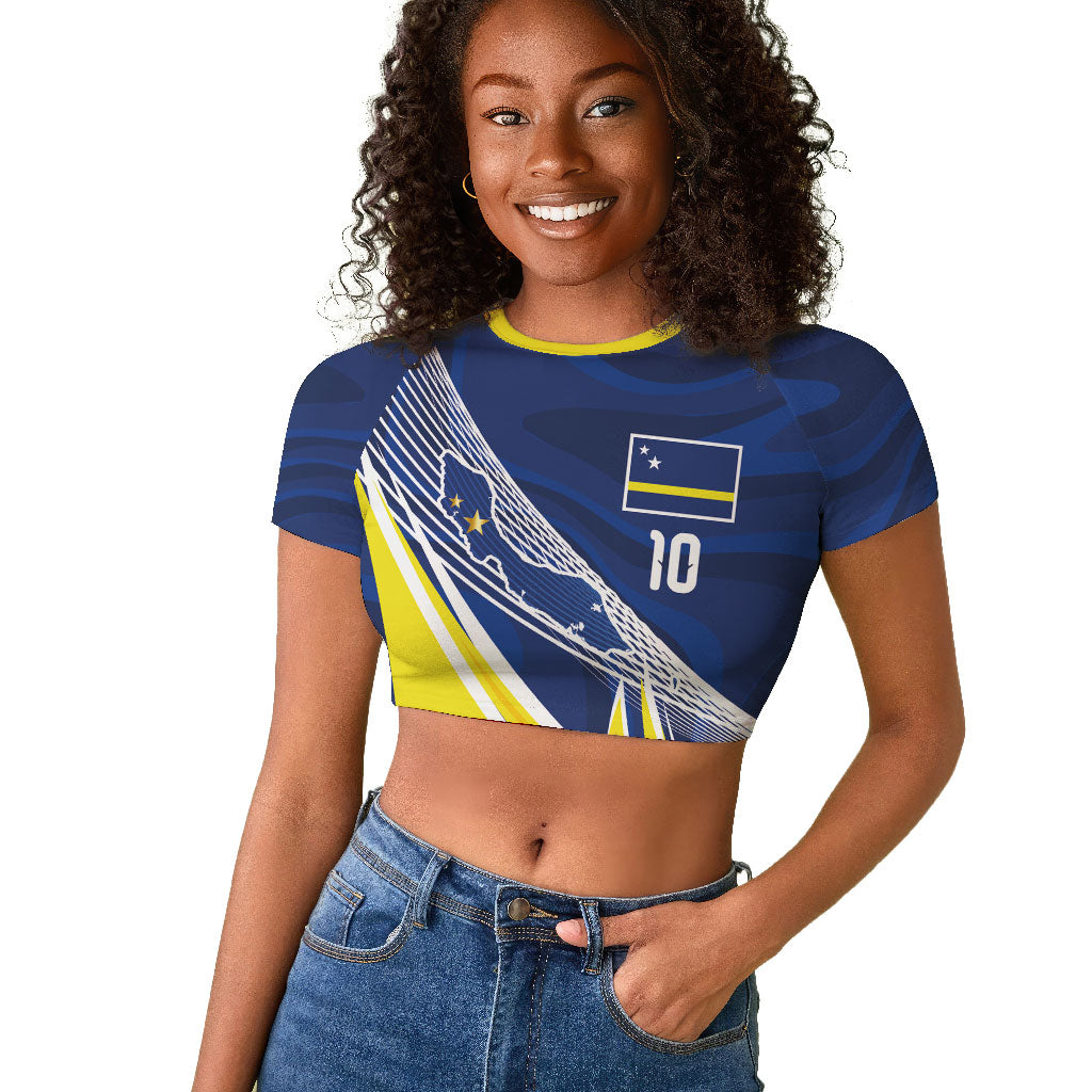 Curacao National Football Custom Raglan Cropped T shirt Abstract Sharp Wave Pattern Sporty Style with Map