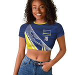 Curacao National Football Custom Raglan Cropped T shirt Abstract Sharp Wave Pattern Sporty Style with Map