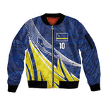 Curacao National Football Custom Sleeve Zip Bomber Jacket Abstract Sharp Wave Pattern Sporty Style with Map