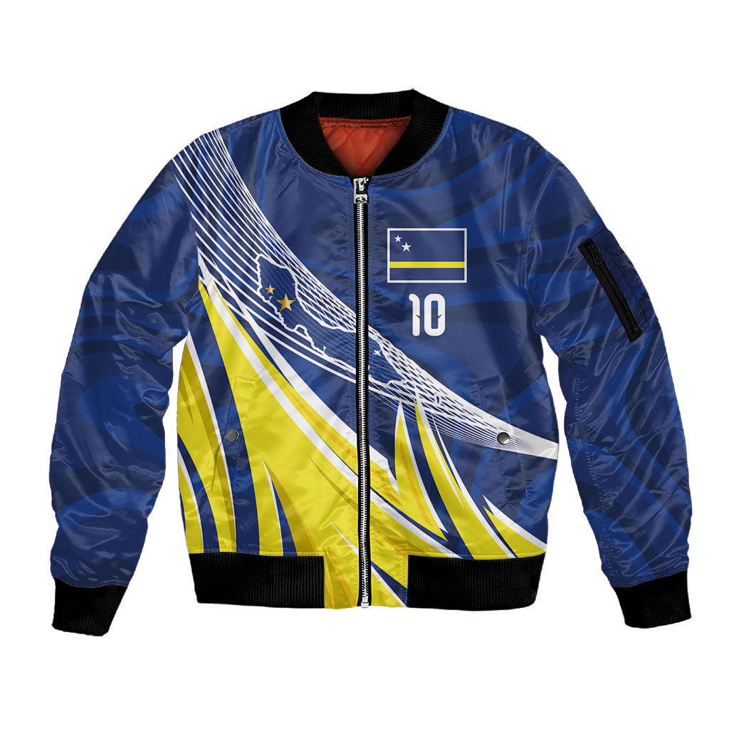 Curacao National Football Custom Sleeve Zip Bomber Jacket Abstract Sharp Wave Pattern Sporty Style with Map