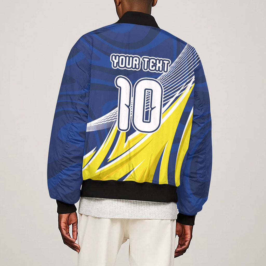 Curacao National Football Custom Sleeve Zip Bomber Jacket Abstract Sharp Wave Pattern Sporty Style with Map