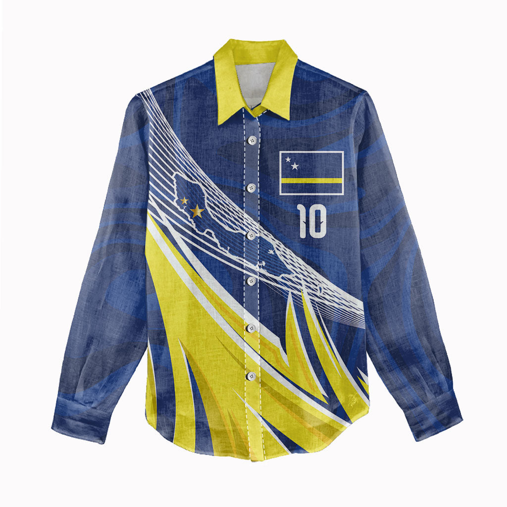 Curacao National Football Custom Women Casual Shirt Abstract Sharp Wave Pattern Sporty Style with Map