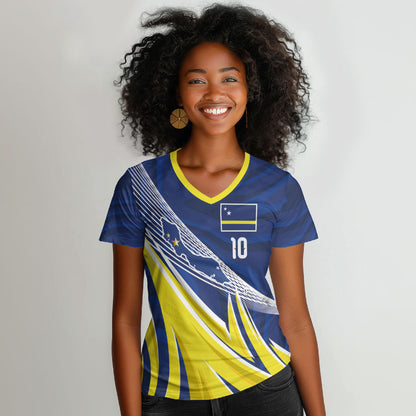 Curacao National Football Custom Women V-Neck T-Shirt Abstract Sharp Wave Pattern Sporty Style with Map