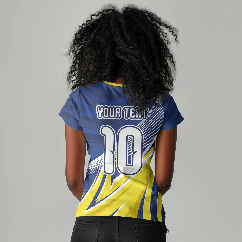 Curacao National Football Custom Women V-Neck T-Shirt Abstract Sharp Wave Pattern Sporty Style with Map