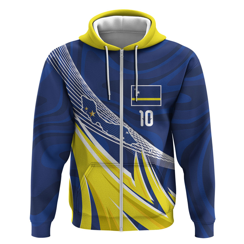 Curacao National Football Custom Zip Hoodie Abstract Sharp Wave Pattern Sporty Style with Map