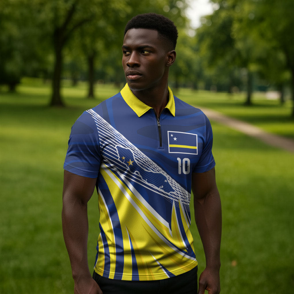 Curacao National Football Custom Zipper Polo Shirt Abstract Sharp Wave Pattern Sporty Style with Map