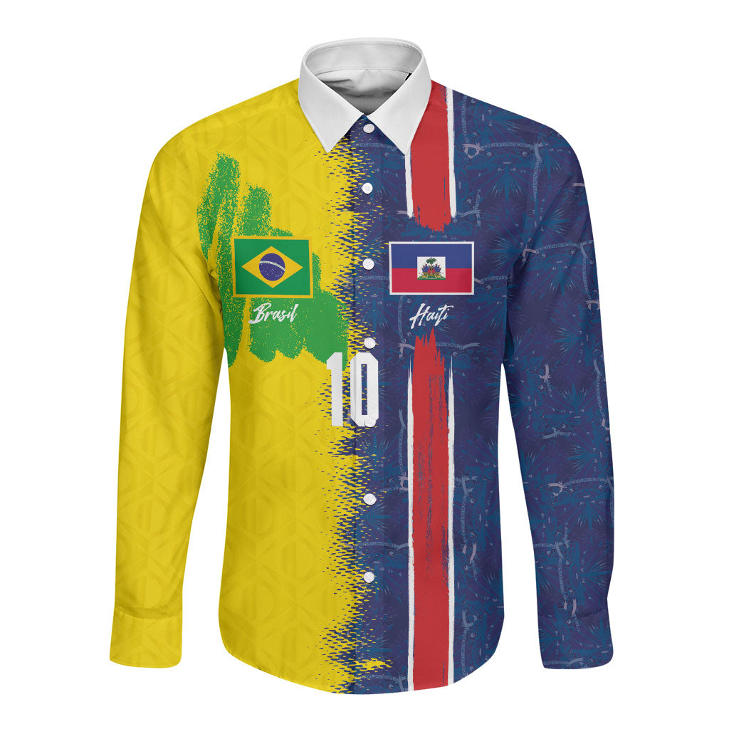 Haiti and Brazil Football Custom Long Sleeve Button Shirt Splash Half Split
