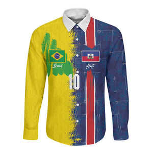 Haiti and Brazil Football Custom Long Sleeve Button Shirt Splash Half Split