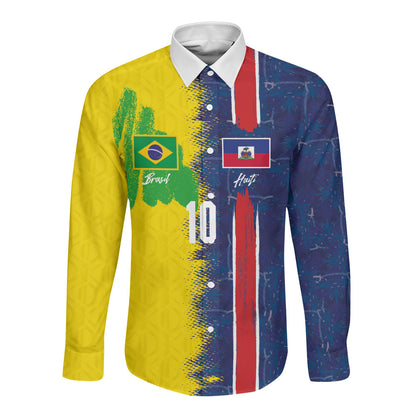 Haiti and Brazil Football Custom Long Sleeve Button Shirt Splash Half Split