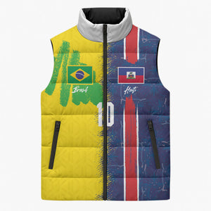 Haiti and Brazil Football Custom Sleeveless Puffer Jacket Splash Half Split