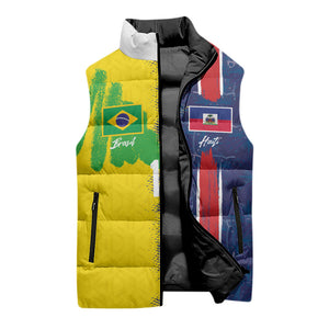Haiti and Brazil Football Custom Sleeveless Puffer Jacket Splash Half Split